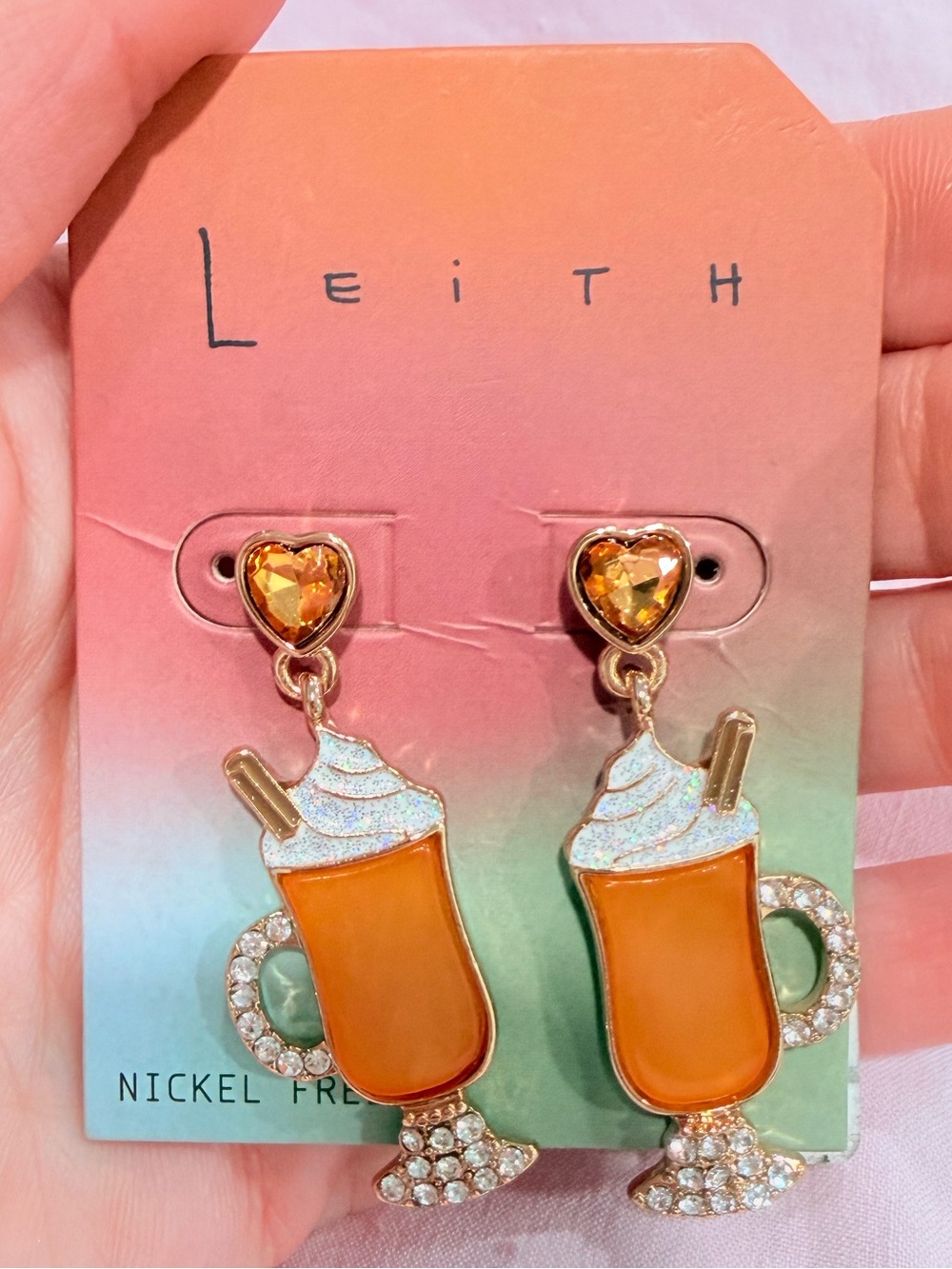 Leith Orange Enamel Milkshake Dangle Earrings with Gold-Tone and Crystal Details